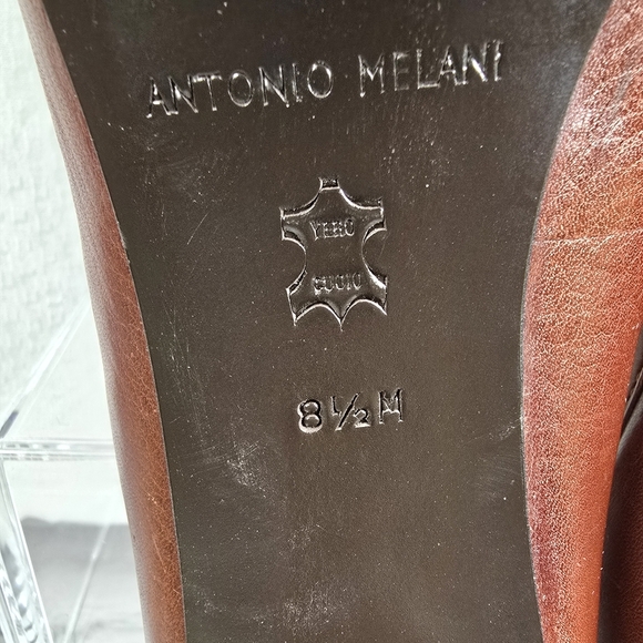 ANTONIO MELANI Brown Leather Heels with Gold Chain Detail On Toe Size 8.5 Euc - Picture 8 of 8